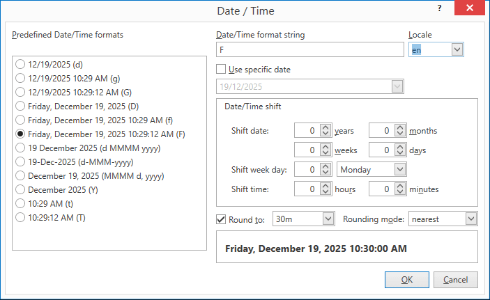 The date/time macro window The date/time macro window