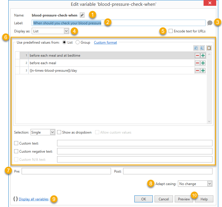 The fill-in variable design window lets you define how the additional information will be requested. The fill-in variable design window lets you define how the additional information will be requested.