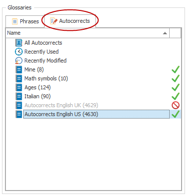The Autocorrects glossaries view