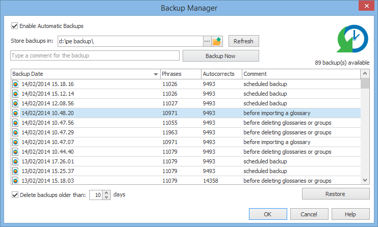The Backup Manager window, where you can create a backup and restore older versions of your phrases.