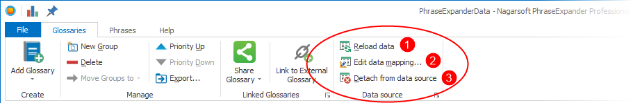 When a glossary is connected to a data source, new items are displayed on the ribbon.