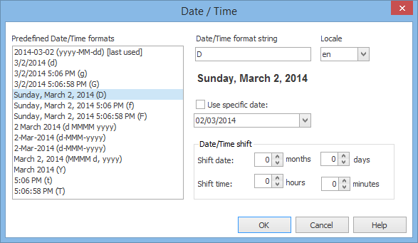 The formatted date/time window