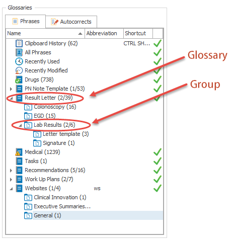 Glossaries and groups are shown in a hierarchical view. Groups can be moved from one glossary to the other. The number of phrases contained in each glossary/group is displayed.