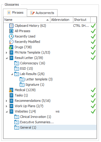 The glossary pane displays all the glossaries stored in PhraseExpander