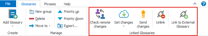 When a glossary is linked, PhraseExpander displays additional buttons to manage the glossary.
