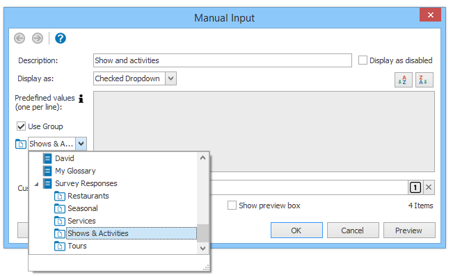 PhraseExpander can load the predefined values to display in a manual input from the phrases contained in a group