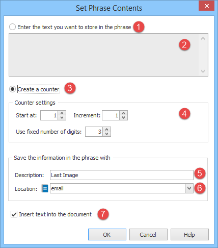 The Set Phrase Contents macro lets you store some text in a phrase for later use.