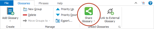 You can manage linked glossaries from the Glossaries Tab