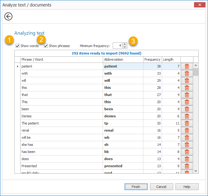 PhraseExpander displays the results of the text analysis.