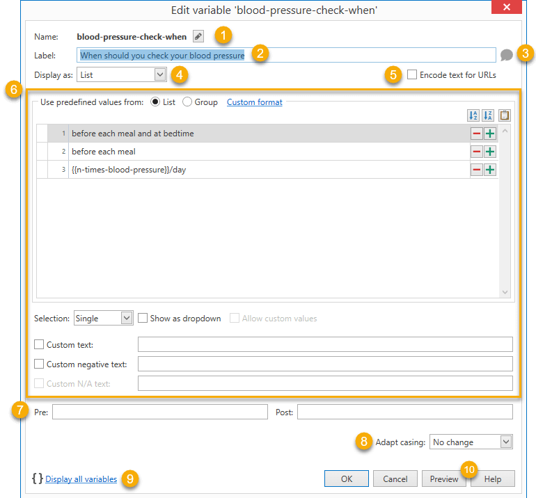 The fill-in variable design window lets you define how the additional  information will be requested.