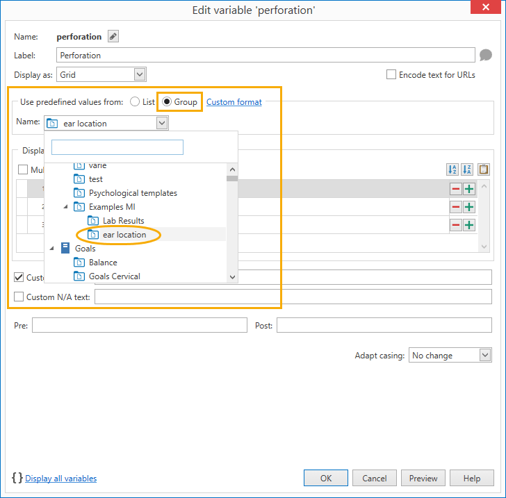 PhraseExpander can load the predefined values to display from the template contained in a group