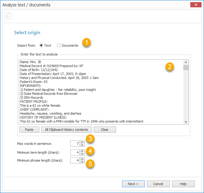 Analyze text: PhraseExpander can extract recurring words and phrases from any piece of text.