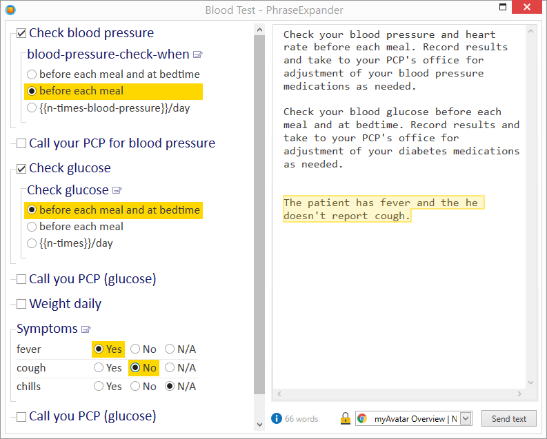 The Input form window requests additional data. When clicking on the Send Text button, the generated template will be sent to the active application.