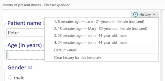 The History menu displays the responses saved for the current template.