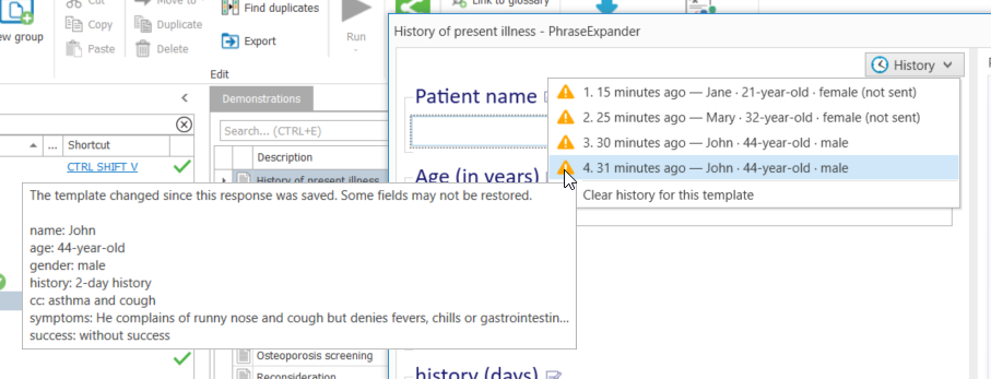 The warning icon identifies responses saved before the template was changed.