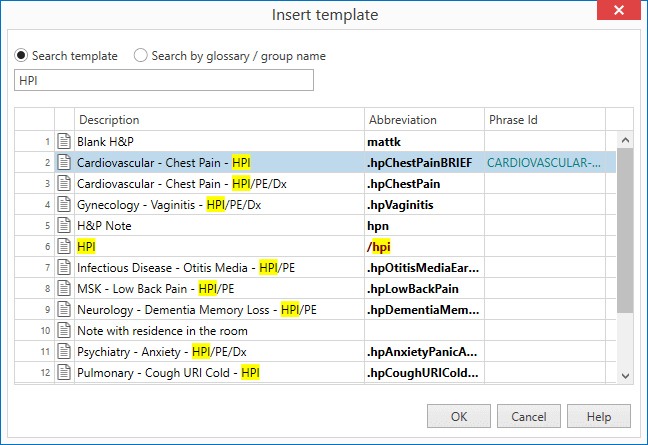 The Insert template dialog