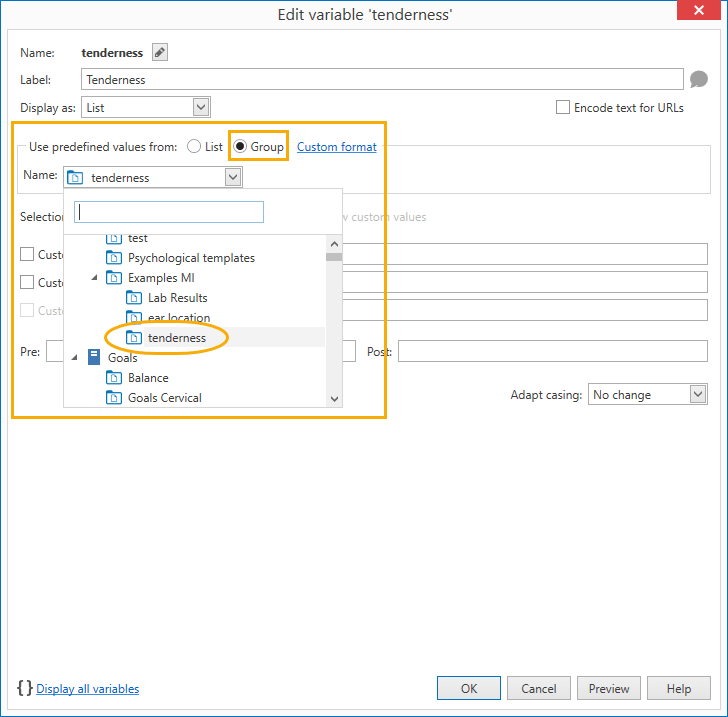 PhraseExpander can load the predefined values to display from the template contained in a group