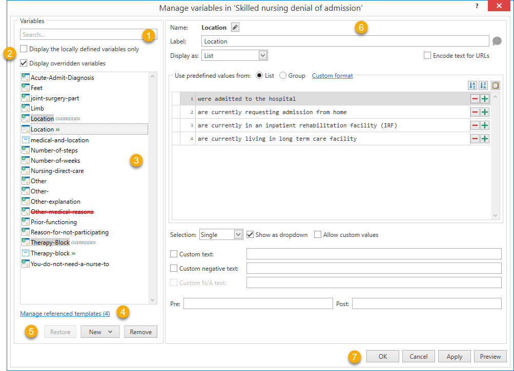 The Manage variables allow you to edit all the variables defined in a template