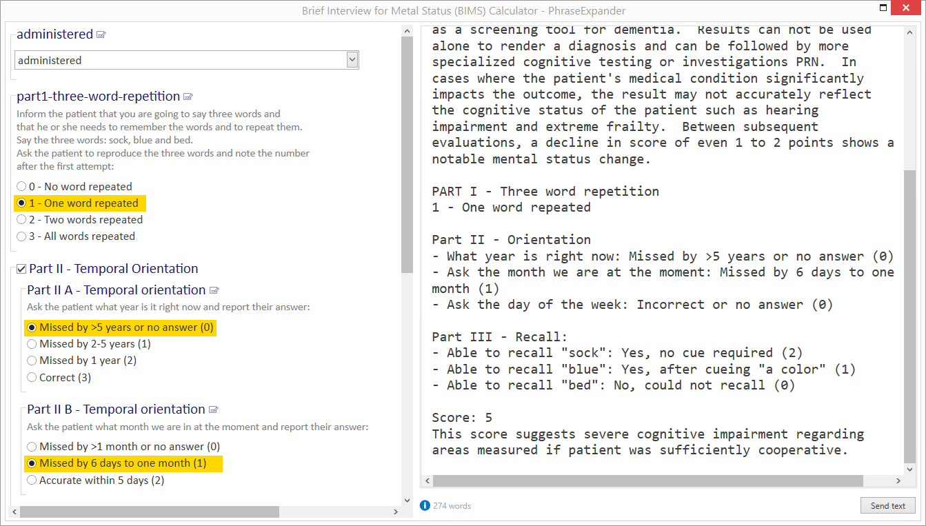 Brief Interview for Metal Status (BIMS) Calculator