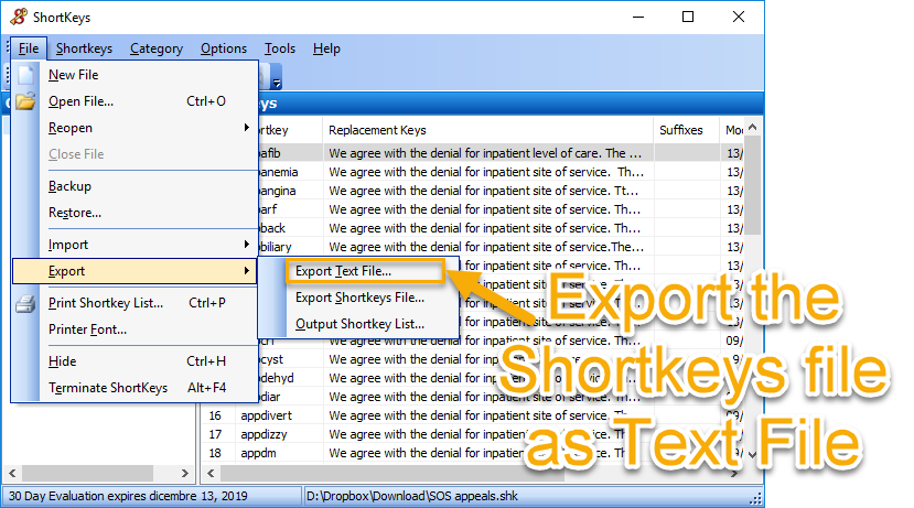Export your shortkeys file