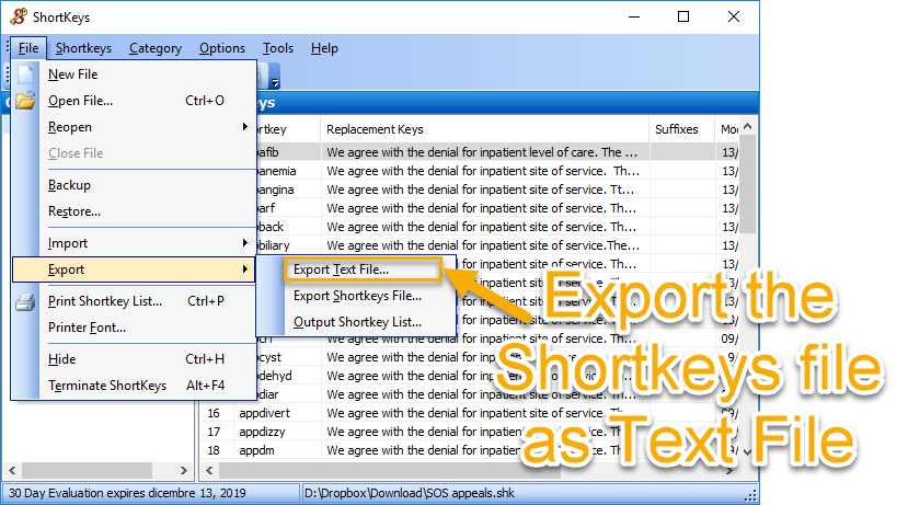 Export your shortkeys file