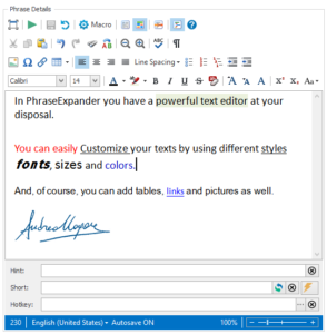 PhraseExpander rich editor