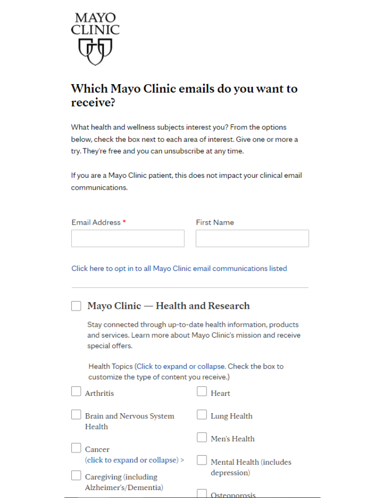 Mayo Clinic newsletter form