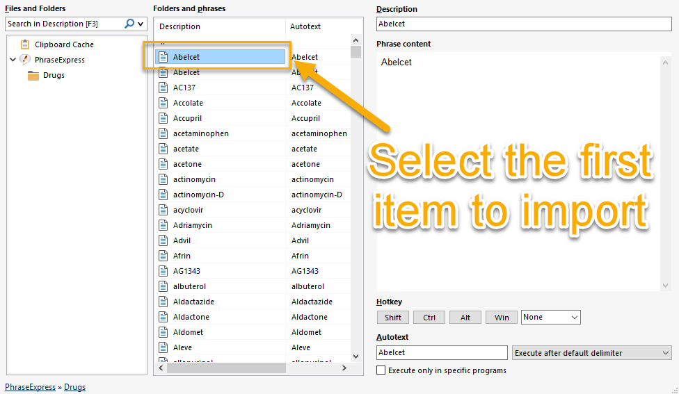 Select the first phrase to import